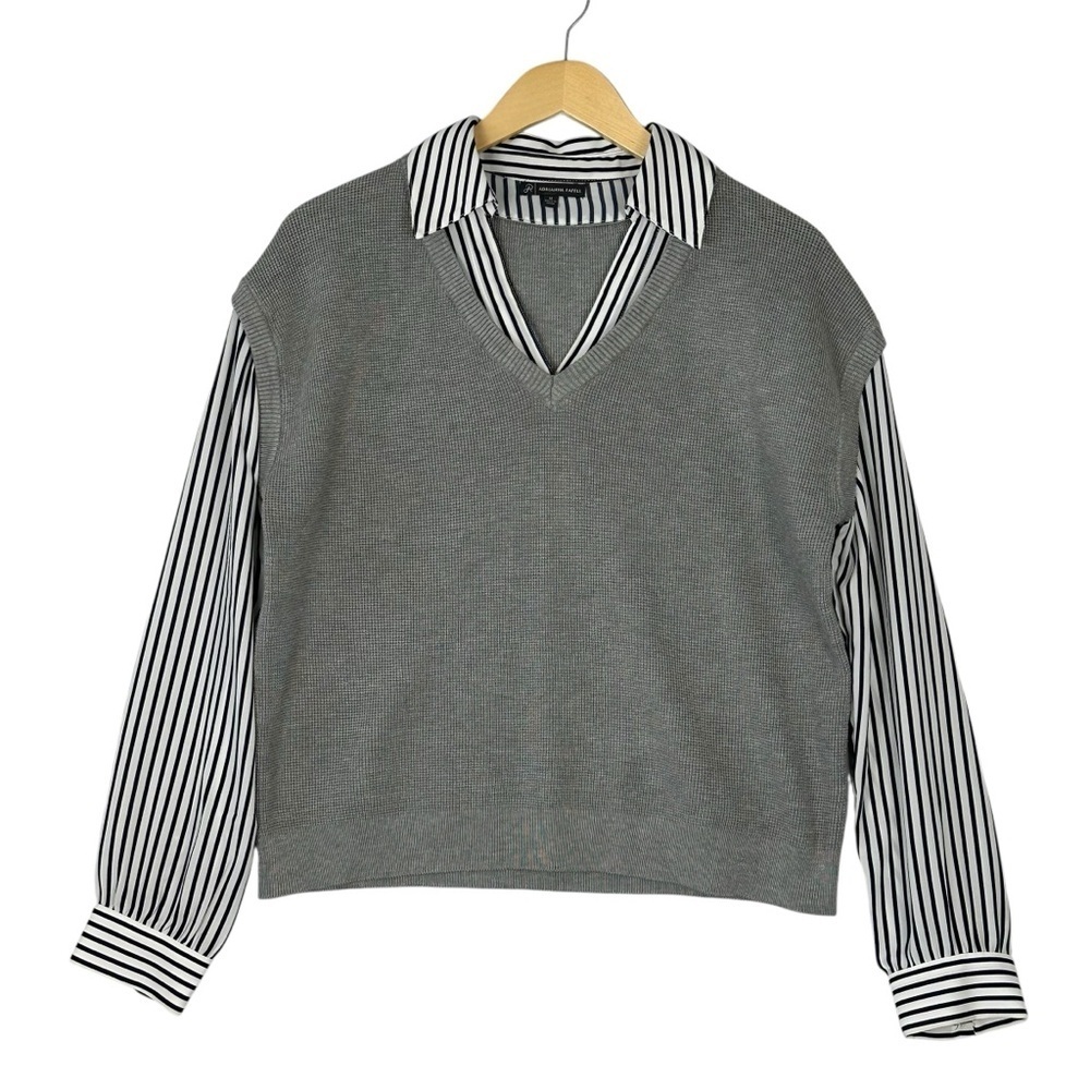 Adrianna Papell Sweater Women’s Sz M Gray Striped Layered Twofer Pullover Top